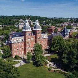 Old Main as seen from a drone view on the campus of Washington & Jefferson College in May 2018.