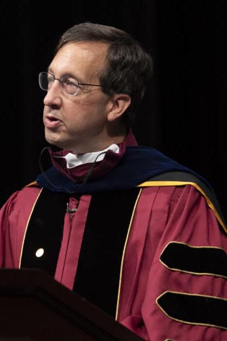 Timothy Klitz, Ph.D., Professor of Psychology, addresses the Class of 2024 during the 2020 Matriculation Ceremony September 6, 2020, which was pre-recorded in Olin Theatre on the campus of Washington &amp; Jefferson College.